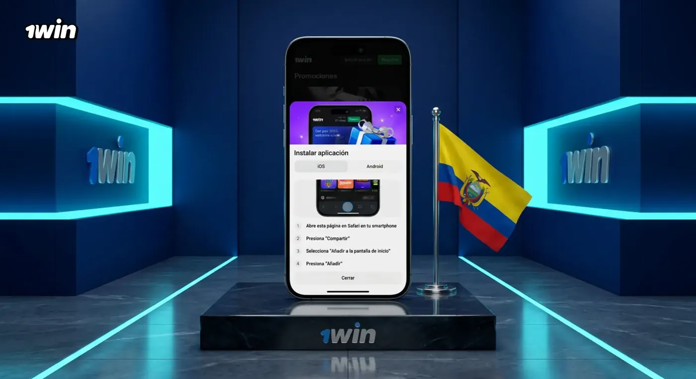 Celular con las instrucciones para instalar la app de 1win sobre un pedestal en una sala azul con la bandera de Ecuador