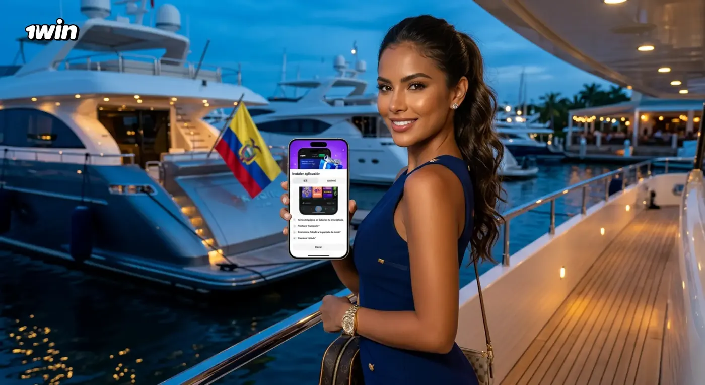 Mujer con vestido azul mostrando en su celular la instalación de 1win junto a un yate, con la bandera de Ecuador