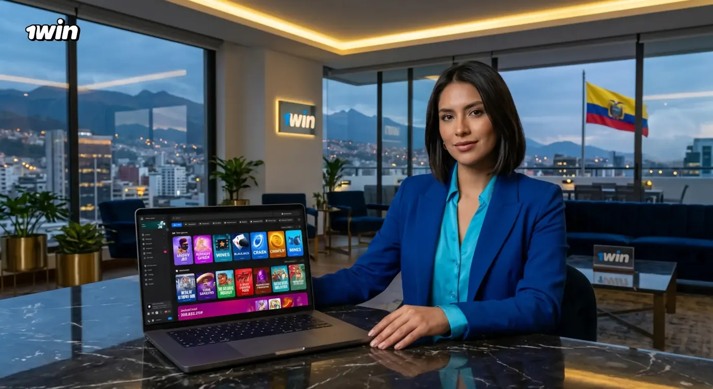 Mujer con blazer azul trabajando con una laptop con la web de 1win en una oficina con vista a las montañas y la bandera de Ecuador